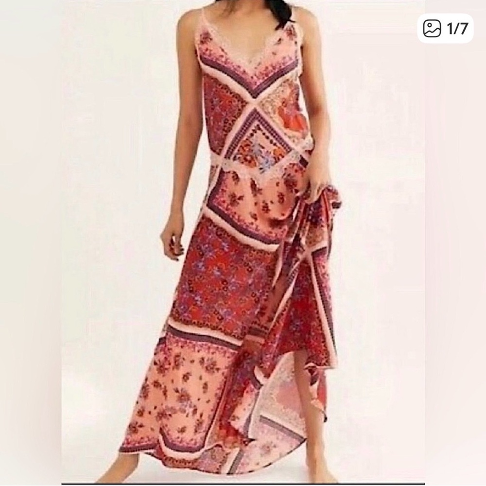 Floral Patchwork Maxi Dress in Red and Pink